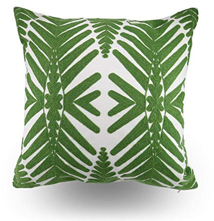 Hodeco Funda de almohada con bordado de hojas tropicales, 45 x 45 cm, decorativa para sofá, hoja verde, 100% algodón, hojas de palma simétricas bordadas, 45 x 45 cm, 1 pieza