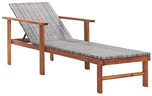 vidaXL Tumbona Ratán Sintético Reclinable Cama de Exteriores en Jardín Patio Playa Piscina Camping Multiposición Gris Madera Maciza de Acacia