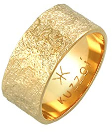 Kuzzoi Herrenring (9 mm) Massiv Handgeschmiedet, Bandring für Männer aus 925 Sterling Silber vergoldet, Goldener Silberring im Used Look, Ring mit rustikaler Struktur, Ringgröße 62, 0612152920_62