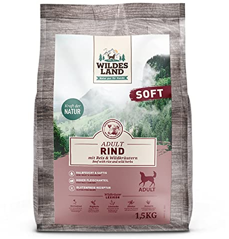 WILDES LAND – Soft Rind | Halbfeuchtes Trockenfutter mit natürlichen Zutaten, Reis und Wildkräutern sowie extra viel Fleischanteil für ausgewachsene Hunde. Glutenfreies Alleinfutter ohne Zusatzstoffe