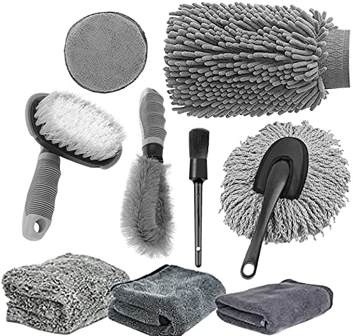 hifrom Auto Autopflege Reinigung Set, 9PCS Auto Reinigungsbürste Kit Mikrofaser Auto Detaillierung Waschen Werkzeuge, Reifenbürste Waschhandschuh, Car Duster Brush, für Auto Motorrad Innen und Außen