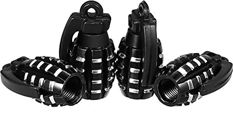 KINBOM 4 Pezzi Tappi Pneumatici Auto in Alluminio, Stile Granata a Mano Resistente Tappi Valvole Pneumatici Guarnizione a Prova d'Aria per Auto SUV Camion Motocicli (Nero)