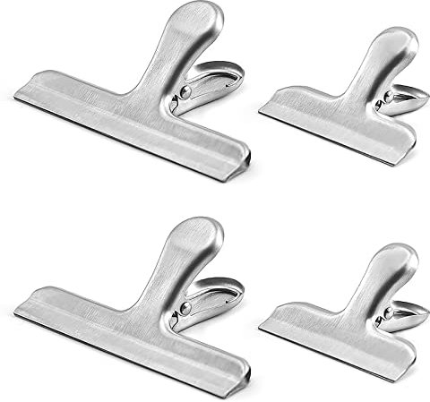 INHEMING 4 Piezas Pinzas Cerrar Bolsas de Comida, Clips de Bolsa de Acero Inoxidable para Bolsas de Café y Alimentos, Uso en la Casa Cocina Oficina(7,7 y 12cm)