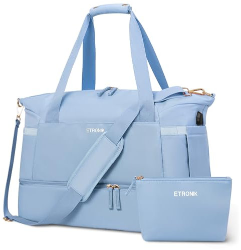 ETRONIK Sporttasche Reisetasche Damen, Weekender mit Schuhfach & Nassfach, Sport Travel Bag Weekender Damen für Reisen Gym Yoga, Handgepäck Tasche für Flugzeug, Hellblau, Mittel