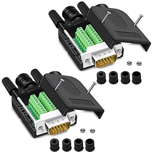 ANMBEST 2PCS Male VGA Solderless Quick Connector 16mm Thinner 3+9 DB15 3Row Serial Plug to 15-pin Port Terminal Male Adapter Breakout Board Compatible with VGA 3+7/3+6/3+6/3+4/3+2