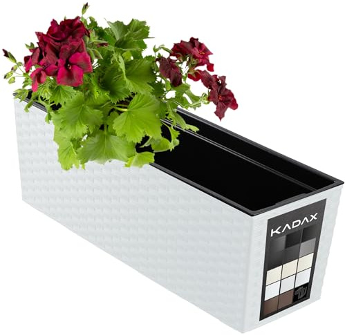 KADAX Blumenkasten 18,5x56 cm, Rattanmuster, Weiß, mit Einsatz – wetterfester rechteckiger Pflanzkasten für Balkon und Outdoor