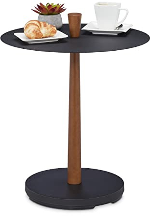 Relaxdays Beistelltisch, Stahl, Holz, HxD: 56 x 45 cm, runder Wohnzimmertisch, Metalltisch Industrial, schwarz/braun