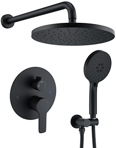 Iriber Shower System Wall Mounted Shower Faucet Mixer Set with Luxury High Pressure Shower head and 3-Setting Handheld, Bathroom Shower Trim Kit Contain Pressure Balance Valve, Matte black