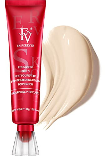 Full Coverage Foundation, FV Flüssige Foundation mit Concealer, Langanhaltend, Feuchtigkeitsspendende Concealer für Trockene Hault Normale Haut Make-up, Vegane Formel, Farbton Nourishing Porcelain