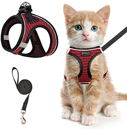 Katzengeschirr und Leine zum Spazierengehen, ausbruchsicher, verstellbares Kätzchenweste-Geschirr, reflektierend, weiches Netzgewebe, Welpengeschirr für draußen, einfach zu kontrollieren (rot, XXS)