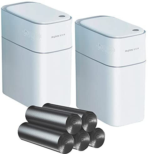 JOYBOS, Set de 2 papeleras cubos de basura 15 l cada una, con sensor de movimiento inteligente sin contacto, para hogar u oficina, incluye 140 bolsas de ba