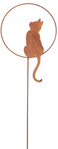 itsisa Gartenstecker Katze im Ring mit Blick nach Oben H:140 cm im Rost Design - Rostfigur für den Garten, Gartendeko für Katzenliebhaber