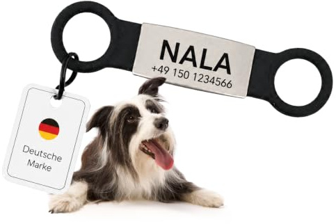 Hundemarke personalisiert für Halsband, Slider mit Gravur, Schwarz, Größe S | Edelstahlplatte in weichem Silikon sitzt angenehm und klapperfrei; passend für gängige Halsbandbreiten, Halsband nicht im Set