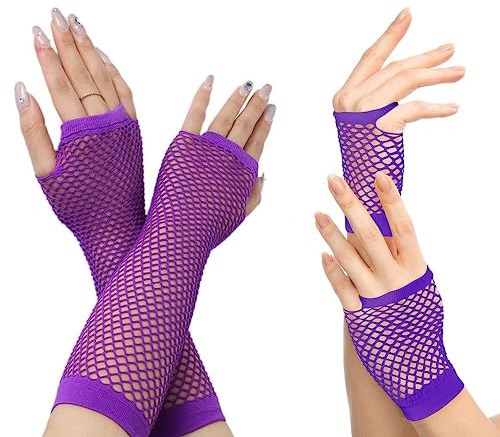 Carnavalife 4pcs Guantes de Rejilla sin Dedos Largos y Cortos Guantes Malla para Niña Mujer Disfraz 80s Ochentero Años 80 Rockero Vintage Retro Neon Discoteca Halloween Carnaval