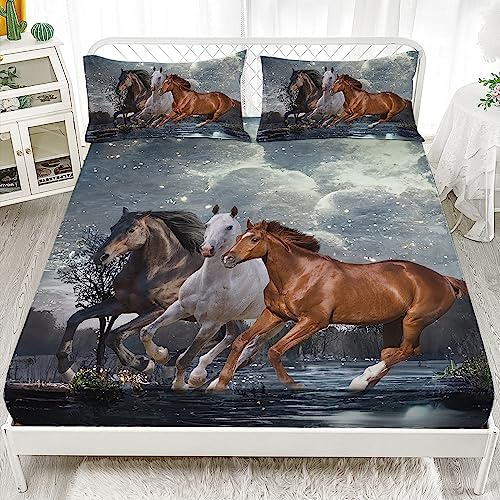 AILONEN Horse Bedding Set Twin Size, Wildlife Theme Galloping Horses Bed Sheet for Kids Boys Adults Room Decor 3 Pieces Set, 1 Fitted Sheet and 2 Pillowcases