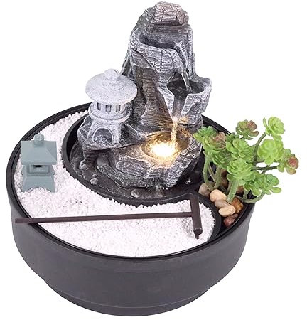 Zimmerbrunnen (Laterne) Tischbrunnen mit Zen Garten und japanischen Laternen | dekorativer Zierbrunnen mit Wasserfall | Wasserbrunnen für Zuhause und Büro