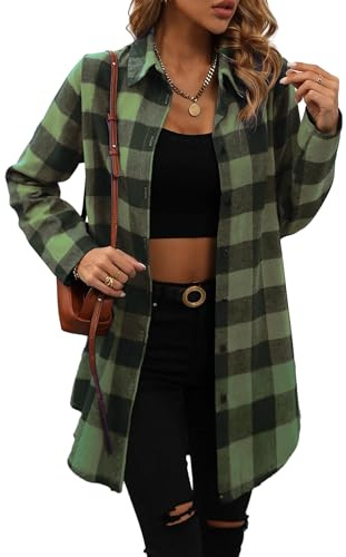 Jhsnjnr Damen Karo Langarm Bluse Oberteile Button Down Übergröße Lang Gechecktes Flanell Hemden, grün, S
