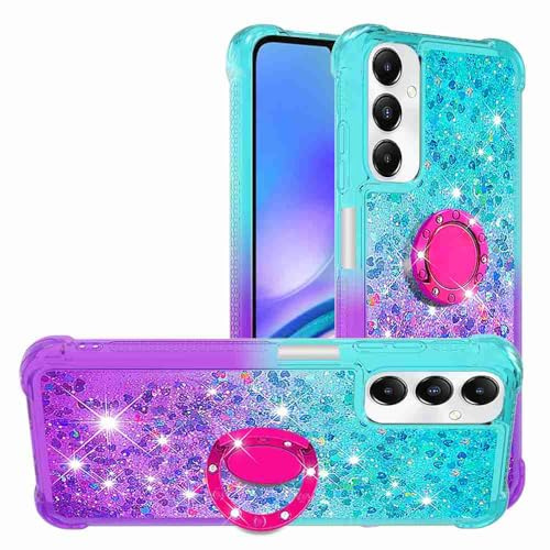 Reevermap Samsung Galaxy A05S Phone Case with Ring Holder Kickstand, Clear Glitter Liquid Floating Silicone Phone Case Sparkle 360 Degree Rotating Ring Grip Case Cover for Girls Women, Blue & Purple