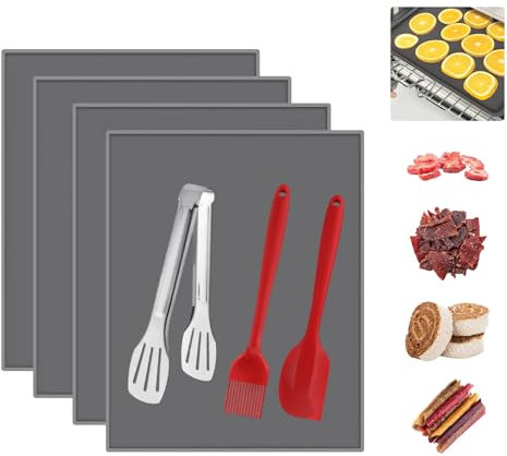 Silikon Dehydrator Blätter, 4 Stück Antihaft Dörrfolie für Dörrautomat mit Silikonschaber, Bürsten, Clips, kompatibel mit Cosori CP267-FD Fruchtleder Backmatte für Obsttrockner,BPA-frei
