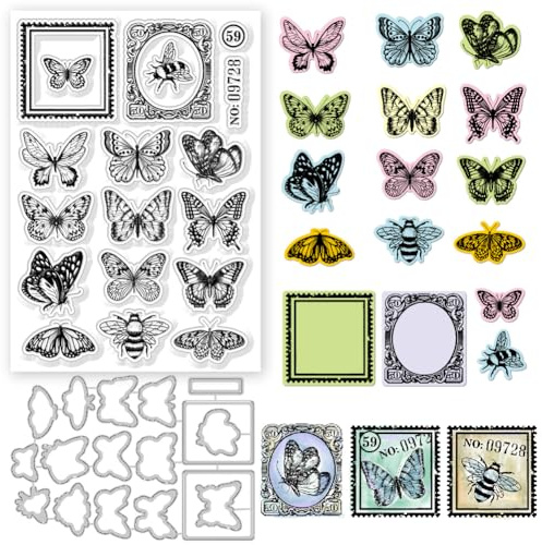 GLOBLELAND Vintage Schmetterlingsbienen Und Spitzenrahmen, Klare Stempel Und Stanzformen, Retro Silikon Stempel, Karten Und Metallstanzungen Für Kartenherstellung Und DIY Prägung