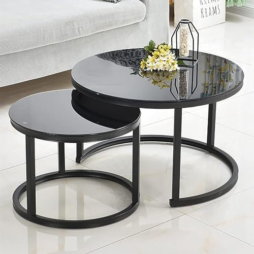 JAVPTAV Moderner Couchtisch, rund, Satztisch aus gehärtetem Glas, 2er-Set, Sofatisch am seitlichen Ende, Metallrahmen, einfache Montage, for Wohnzimmer, Büro, Balkon (Color : Blackblack Frame)