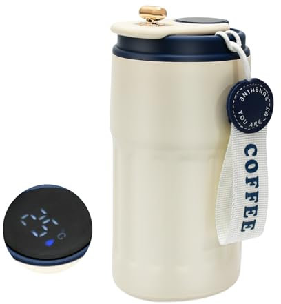 Termo Cafe, Vaso Termico Indicador De Temperatura, Vaso Cafe Para Llevar Acero Inoxidable, 450ML, Azul