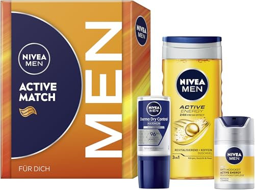 NIVEA MEN Active Match presentset, gåva för män med produkter för trött hud, presentförpackning med duschgel, ansiktsvård kräm och deodorant för män