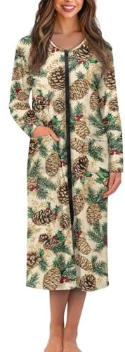 Suhoaziia Damen-Hausmantel mit Reißverschluss vorne, langärmelig, Nachtwäsche, Bademantel mit Tasche, weiche Loungewear, Größe S-4XL, Weihnachtsbaum-Tannenzapfen, XXL