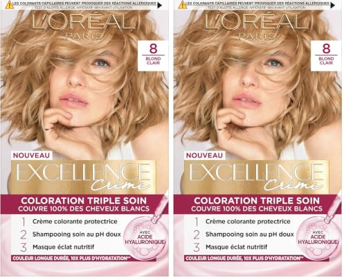 L’ORÉAL PARIS - Coloration Cheveux Permanente Triple Soin - Couvre 100% des Cheveux Blancs - Excellence Crème - Nuance : Blond Clair (8)