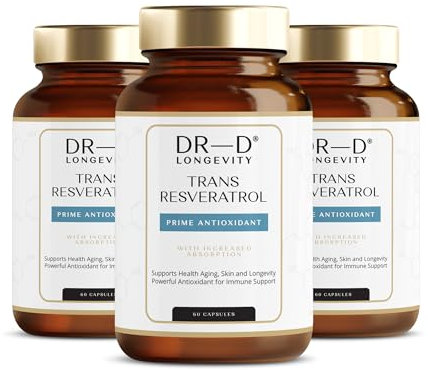 DR-D Longevity Trans Resvératrol - 1000 mg - Antioxydant Premium 99% Trans-Resvératrol Pur Hautement Dosé 60 Gélules Vegan - 30 Doses journalières (3 mois/3 Bouteilles)
