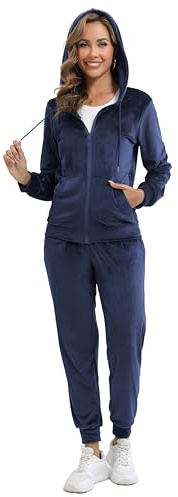 Enjyam Damträningsdress i velour, mysig Nicki-hemmadress, tvådelad joggingdress i mjuk sammet med ribbad jacka med dragkedja och byxor med ficka, S