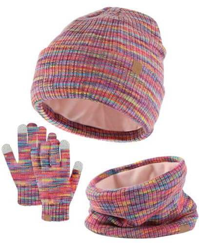 SSKHE Set di 3 pezzi per bambini, cappello, sciarpa e guanti invernali, caldo, lavorato a maglia, con berretto termico, scaldacollo, guanti touchscreen, morbido rivestimento in pile, elastico, per