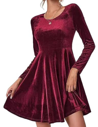 ABINGOO Damen Langarm Samtkleid Elegant Rundhals A-Linie Cocktailkleid High Waist Einfarbiger Abendkleid Samt Minikleid Ballkleider Festliche Kleider(Rot,XL)