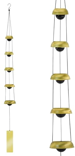 MrMrKura Kupfer-Windspiel für draußen, Tempel-Windspiel mit 5 Glocken, Feng Shui-Windglocke, Anhänger, Gedenk-Windspiele für Zuhause, Garten, Terrasse, Hinterhof, Dekoration (Messing)