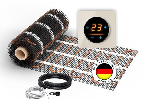 Calefacción eléctrica por suelo radiante: WARMON Ultra 200 W/m² con termostato WiFi OKE-25 Touch y marco de cobertura de cristal Garda, termostato: OKE25 Garda Beige, tamaño de la alfombra: 1,5 m²