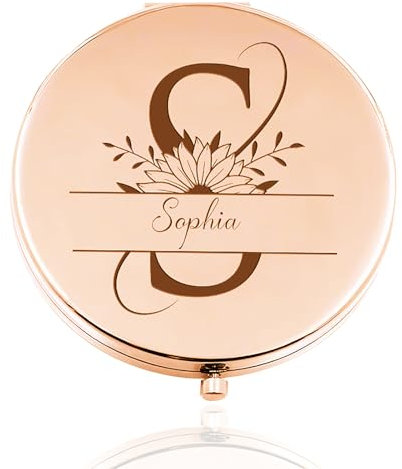 Rainsar Personalisierte Taschenspiegel,Personalisierter Kompaktspiegel mit Gravur Geburtstagsblume&Initialen,Taschenspiegel Klappbar Taschenspiegel Hochzeitstag Valentinstag für Damen und Mädchen