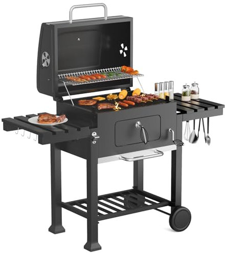 Warmiehomy XXL Charcoal BBQ, Portable Barbecue Grill with Wheels, 2 Folding Side Table, Warming Rack, Hooks, Thermometer, Adjustable Chimney, Outdoor Smoker BBQ for Garden Picnic Camping