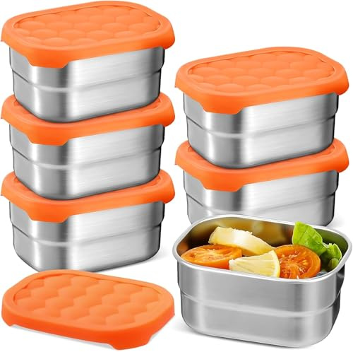 6 Pack Stainless Steel Food Containers, Small Metal Lunch Boxes, 230 ml | Snack Pots with Orange Silicone Lids for Fruit, Nuts, Dips and Sauces at Work, Picnics or Travel