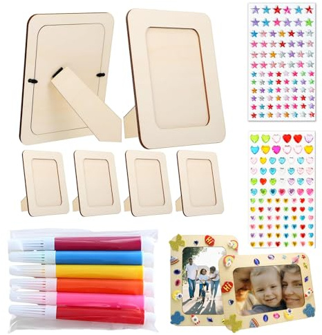 6 Stück Bilderrahmen Set zum Bemalen, DIY Holzrahmen Holzbilderrahmen zum Bemalen, Mini Bilderrahmen Holz, Fotorahmen Bastelset mit 2 Sticker und 6 Aquarellstift für Deko, Geburtstage (mehrfarbig-1)