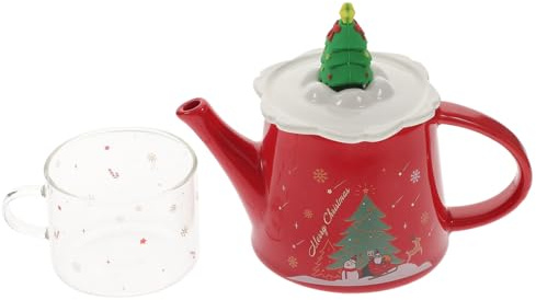 UTHCLO Teiera e Tazza Natalizia in Ceramica Con Manico Laterale Per Casa e Ufficio Design Albero Di Natale Rosso Superficie Liscia Sicura Set Regalo Articoli Tè Natalizi