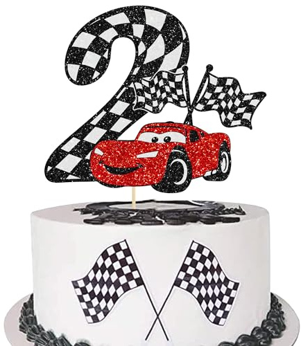 Gyufise 1Pc Race Car 2nd Cake Topper Glitter Two Fast Cake Topper Racing Car Birthday Cake Decoration for Racing Car Checkered Flag Themed Girl Boy 2 Years Birthday Party Decoration