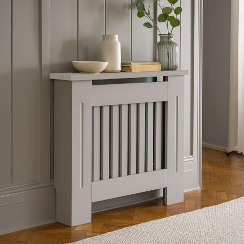 Neo Grey Decorative Radiator Cover Cabinet Wood Panel Slatted Front Compact Heater Design Console Table (Small H83.3 x W78 x D19 cm)