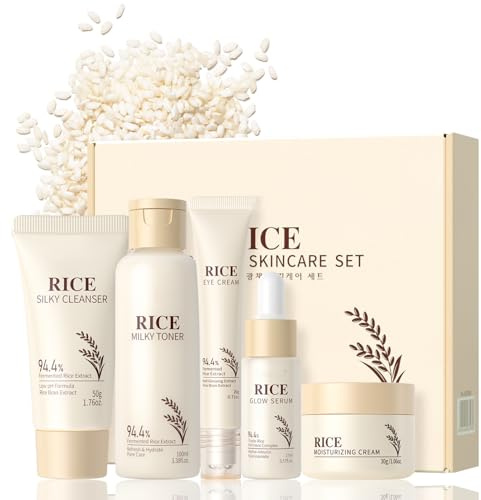 Korean Rice Skincare Set – 5PCS Hydrating Rice Face Care Kit Gift Set with Cleanser, Toner, Serum, Cream & Eye Cream – Brightening Rice Extract Skin Care Set Glass Skin Facial Kit