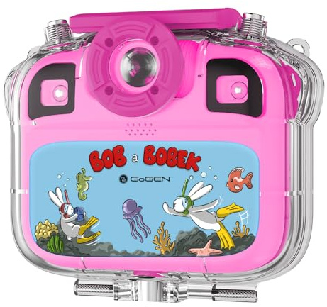 GOGEN Aqua Foto Kinderkamera I 12 MP I Full HD Video I wasserdichtes Gehäuse IP68 I Selfie-Kamera I USB‑C Ladung I Micro SD bis 32 GB I Pink