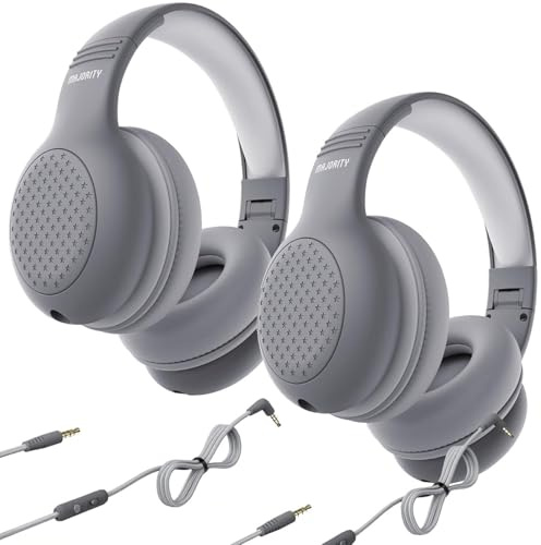 LOVETRENDS 2-pack trådbundna hörlurar over-ear – grå vikbara barnhörlurar med mjuka öronkuddar, 85–94 dB volymbegränsare och trasselfri kabel – lätt ljudeheadset för skola, resor och hem