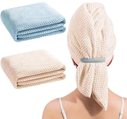 xianynow 2 Piezas Toalla Microfibra Pelo, Turbante Secado Rápido, Súper Absorbente Toalla para Cabello, Toalla Pelo Largo y Rizado, Suave y Ligera, 100 x 60 cm, Azul y Caqui