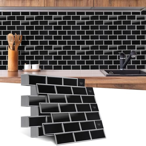 ISOISL Klebefliesen Selbstklebend, Wasserdicht & Hitzebeständig - Fliesenaufkleber für Küche und Bad - Einfach zu Reinigen (10er Set, Raster-Design, Schwarz)