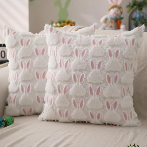 MOAZIFI Osterdeko Kissenhülle 45x45 cm 2er Set, Osterdekoration, Rosa Ohren, Osterdeko modern Frühling Ostern, Flauschiger Osterhase Kissenbezug mit 3D Struktur für Sofa Couch Wohnzimmer Schlafzimmer