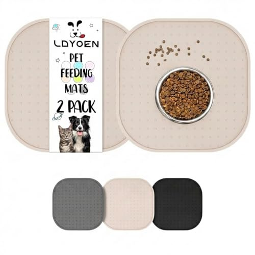 LDYOEN 2 Stück Napfunterlage für Hund Katzen, Quadratische Hundenapf Katzennapf Unterlage aus Silikon, Hunde Katzen Futtermatte wasserdichte und rutschfeste Fressnapf mit Rand, 30x30cm, Beige