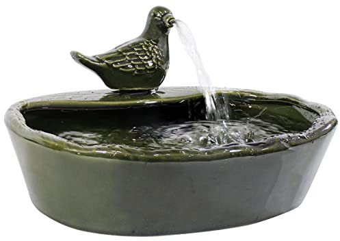 Sunnydaze Ceramic Solar-Powered Water Fountain - Green Glaze - Low-Voltage Submersible Pump with Filter - Dove